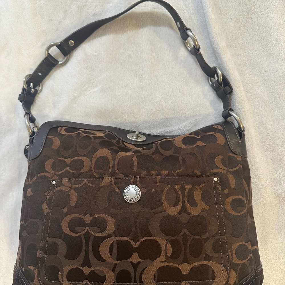 Coach Brown Signature Canvas Hobo with Leather Trim